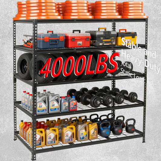 5-Tier Heavy Duty Metal Shelving Unit, 48W X 24D X72H, Adiustable Storage Rack, Boltless Assembly, 4000 Lbs Total Load Capacity, For Garage,Basement,Warehouse.Workshop, Black
