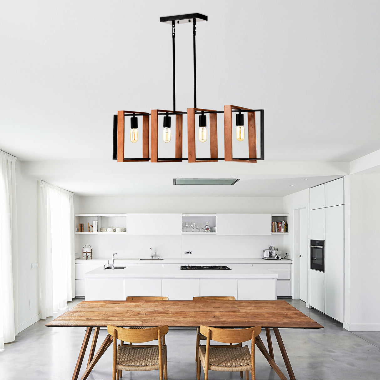 4-Light Kitchen Island Lights Pendant Light Farmhouse Dining Room Light Fixture, Rustic Wood And Black Metal Rectangular Chandelier, Hanging Lighting For Living Room,Conference Room, Home Office - CJDS