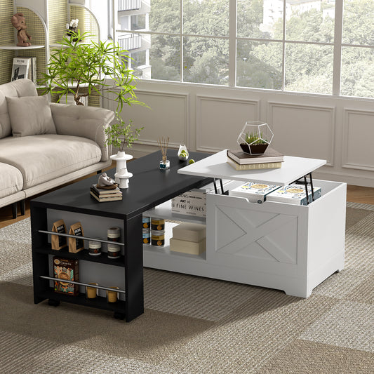 U-Can Farmhouse Lift Top Coffee Table With Barn Doors, Wood Rectangle Center Table With Large Hidden Storage Space And Open Cabinet, For Living Room, Bedroom, Home Office