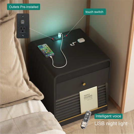 Nightstand With Charging Station, Smart Nightstand With Night Light,with Led Lights,Bedside Tables With Storage Cabinet For Bedroom,Black