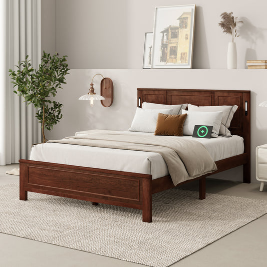 Queen Size Bed With Tall-Panel Headboard & Footboard, Built-in LED Lights, USB Charging Station, Pinewood Bed With Strengthened Bed Frame ,Walnut