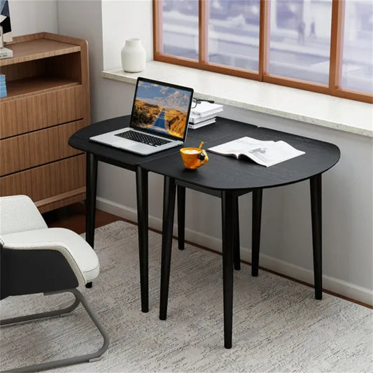45" Extendable Dining Table Set, 2 Half-Round Tables Convertible To Oval For 4-6 People Black