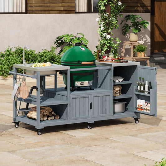 K&K 75.4 Outdoor Kitchen Island With Sink, Solid Wood Outdoor Grill Cart For XL Green Egg Grills, Rolling Outdoor Bar Cart With Stainless Steel Top, For Pizza Prep & BBQ, Grey Blue