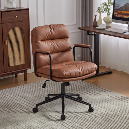 Office Chair,Mid Back Home Office Desk Task Chair With Wheels And Arms Ergonomic PU Leather Computer Rolling Swivel Chair With Padded Armrest,The Back Of The Chair Can Recline 40 Brown