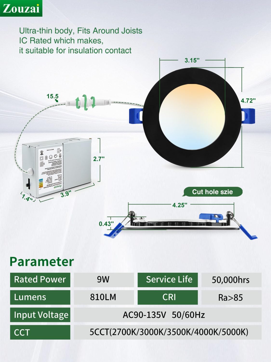 4" Black 5CCT - RD - Selectable Ultra-Thin LED Recessed Ceiling Light 9w - AZ