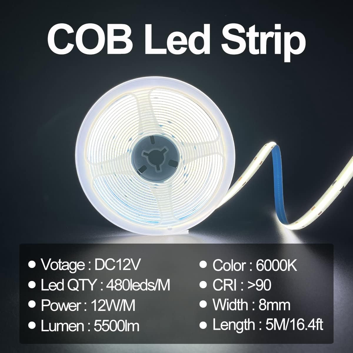 COB 12V - IP20  - CW - 16.4FT - Strip Light