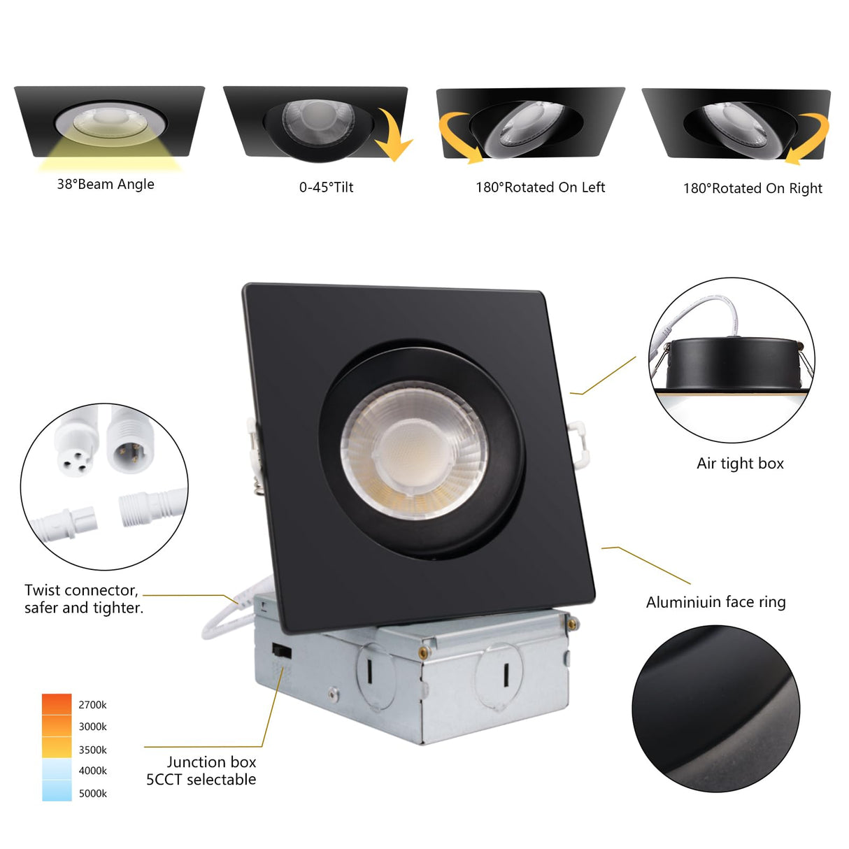 Transform Your Space with the Premium 4.5 Inch Black Gimbal Regressed Square 14w LED Downlight: Adjustable 5CCT Lighting, High Brightness, and Smooth Dimmable Control