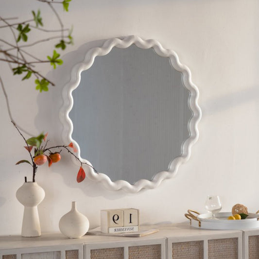 White Scalloped Round Wall Mirror, Wavy Frame For Living Room Bedroom Bathroom Decor