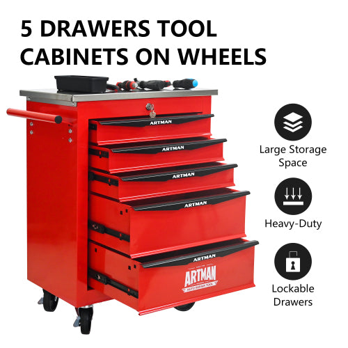 5 Drawers Multifunctional Tool Cart With Wheels,Metal Rolling Tool Cart Storage For Garage Workshop Warehouse Repair Shop--With Stainless Steel Roof--Red Black