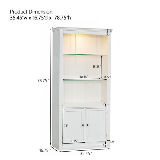 78.75 H 4-Tier Display Shelf, With 5-Colors Dimmable Ceiling Light, Freestanding Farmhouse Bookcases With Storage & Doors, Bookshelf With Adjustable Glass Shelves For Home & Office - White