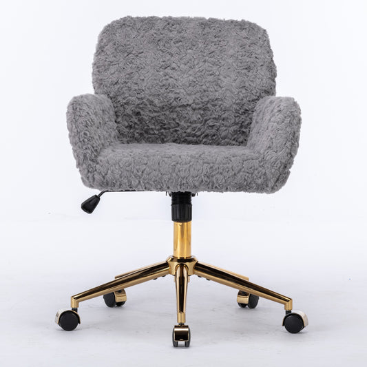 AA Furniture Office Chair,Artificial Rabbit Hair Home Office Chair With Golden Metal Base,Adjustable Desk Chair Swivel Office Chair,Vanity Chair Gray