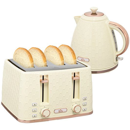 Beige Honeycomb Breakfast Set: 1.7L Rapid-Boil Kettle & 4-Slice Toaster – Designer Matching Duo