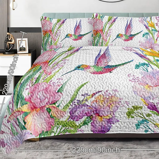 3pcs Colorful Bird Flower Design Quilt Set Soft Warm Bedding Set Include 1 Quilt And 2 Pillowcases For Home Bedroom Decor All Season