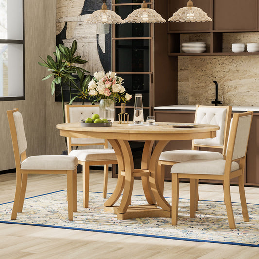 TREXM 5-Piece Retro Functional Dining Table Set Extendable Round Table And 4 Upholstered Chairs For Dining Room And Living Room Natural