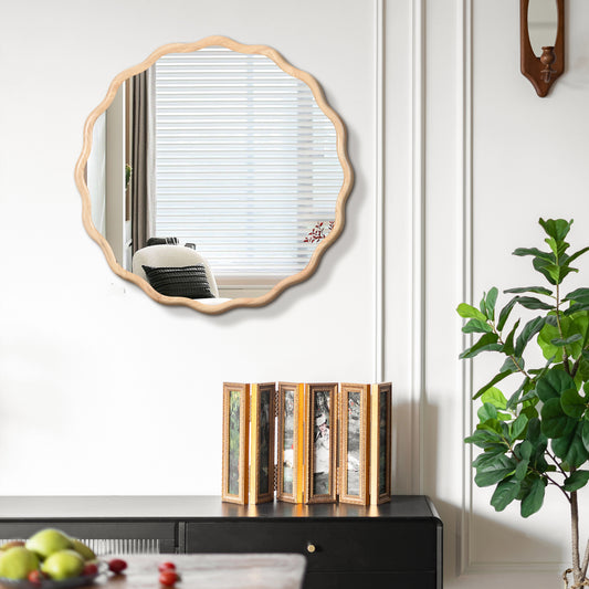 Solid Wood Wavy Mirror--Natural-Wood Vanity Mirror Wall Decor 31X 31 Modern Mirror Wall Decor For Bathroom, Bedroom, Living Room, Dining Room, Cloakroom, Entryway