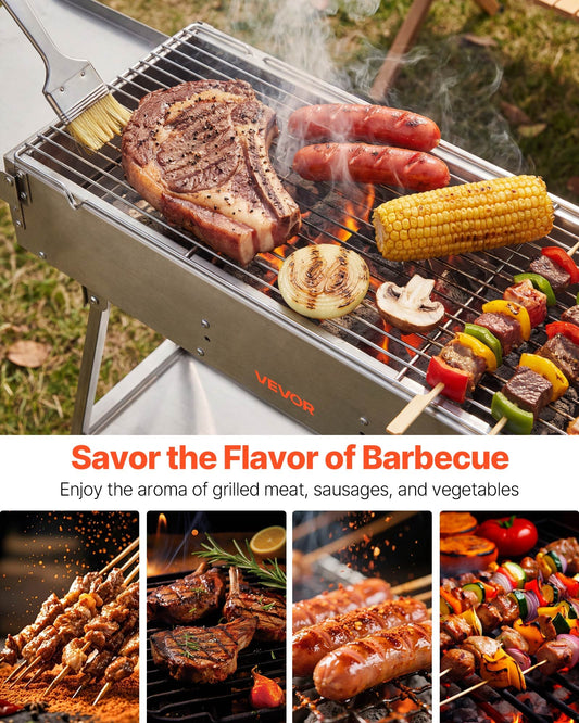 Foldable Charcoal Grill, 250 Sq.in. Portable Charcoal Barbecue Grill With Liftable Charcoal Tray & Side Tables, Brushed Stainless Steel BBQ Cooking Grills For Outdoor Camping Back Yard Parties