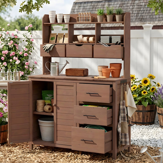 With Assembly Video TOPMAx Farmhouse Patio Potting Bench 44.6 X19.5 Large Freestanding Garden Workstation With 6 Drawers Bottom Cabinet And Side Hook Outdoor Kitchen Island Brown