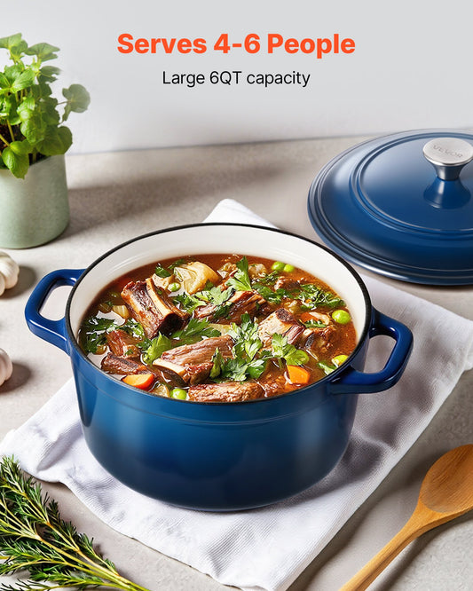Enameled Cast Iron Dutch Oven Heavy-Duty Cookware With Lid Handles 6 Qt Blue