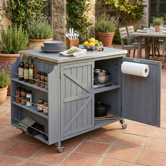K&K 42.1 Outdoor Kitchen Island With Side Shelf, Outdoor Grill Cart With Storage Cabinet, Outdoor Kitchen Cabinet With Stainless Steel Top, Adjustable Shelf And 4 Wheels For Pizza Prep, Grey Blue
