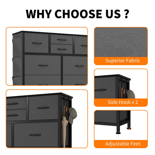 10-Drawer Dresser With Side Pocket & Hooks, Storage Cabinet With Wood Top For Bedroom Closet Organization