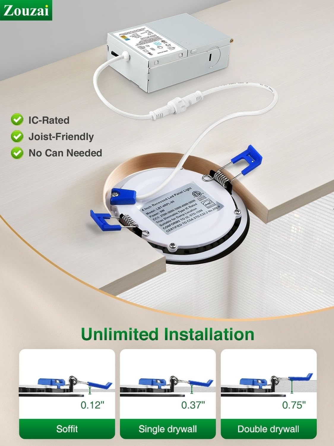 4" Black 5CCT - RD - Selectable Ultra-Thin LED Recessed Ceiling Light 9w - AZ