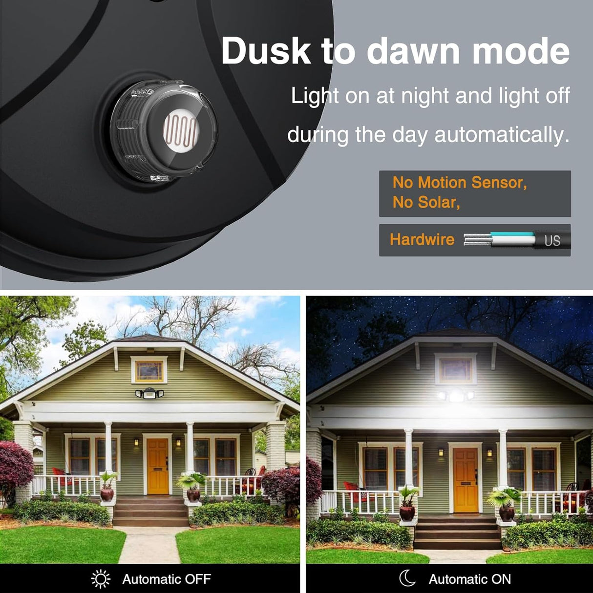 Security Light 3 Heads Black - 60w 6500K - Photocell - AZ