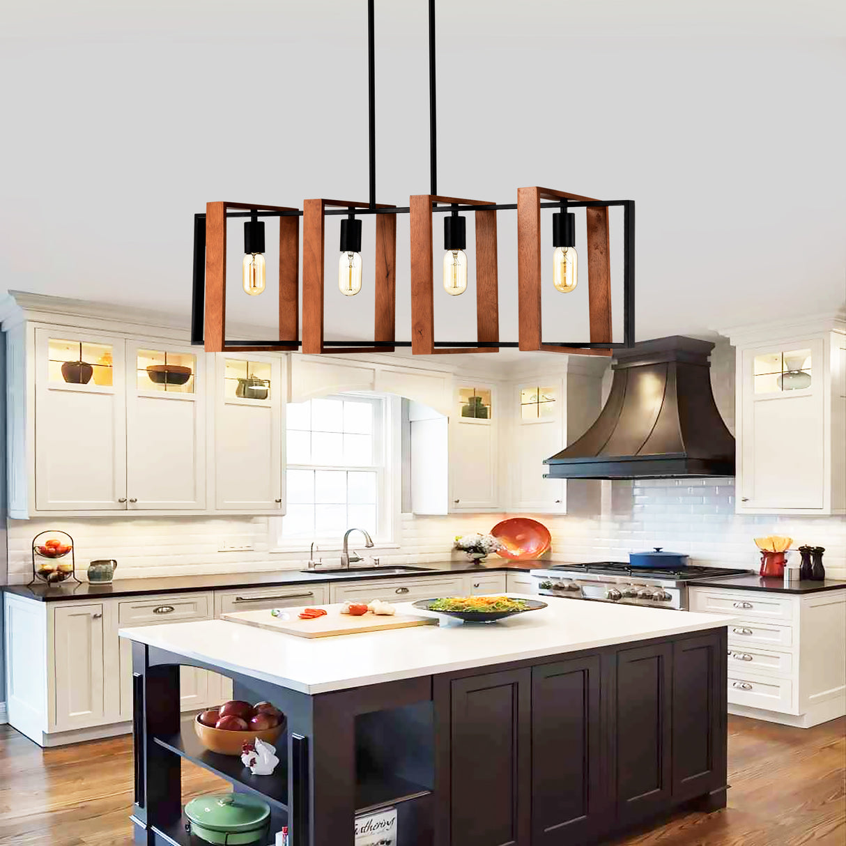 4-Light Kitchen Island Lights Pendant Light Farmhouse Dining Room Light Fixture, Rustic Wood And Black Metal Rectangular Chandelier, Hanging Lighting For Living Room,Conference Room, Home Office - CJDS