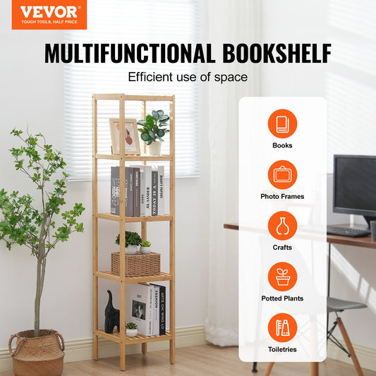 5-Tier Bathroom Standing Shelf, Narrow Shelving Unit, Display Storage Rack Organizer, Freestanding Flower Plant Stand, Multifunctional Bamboo Shelf Ideal For BathRoom, Kitchen, Home, Natural