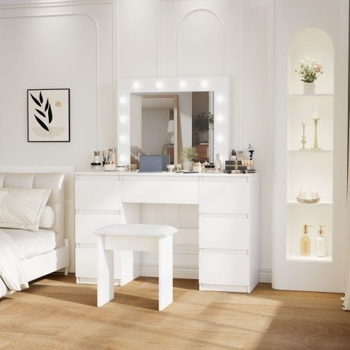 Large White Vanity Tables With Mirror And Light - CJDS