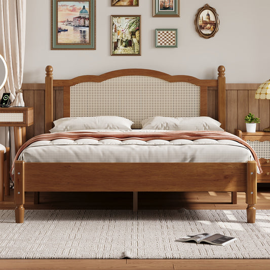 Queen Size Wooden Platform Bed With Natural Rattan Headboard, Vintage Bed Frame With Wooden Slat Support, Walnut