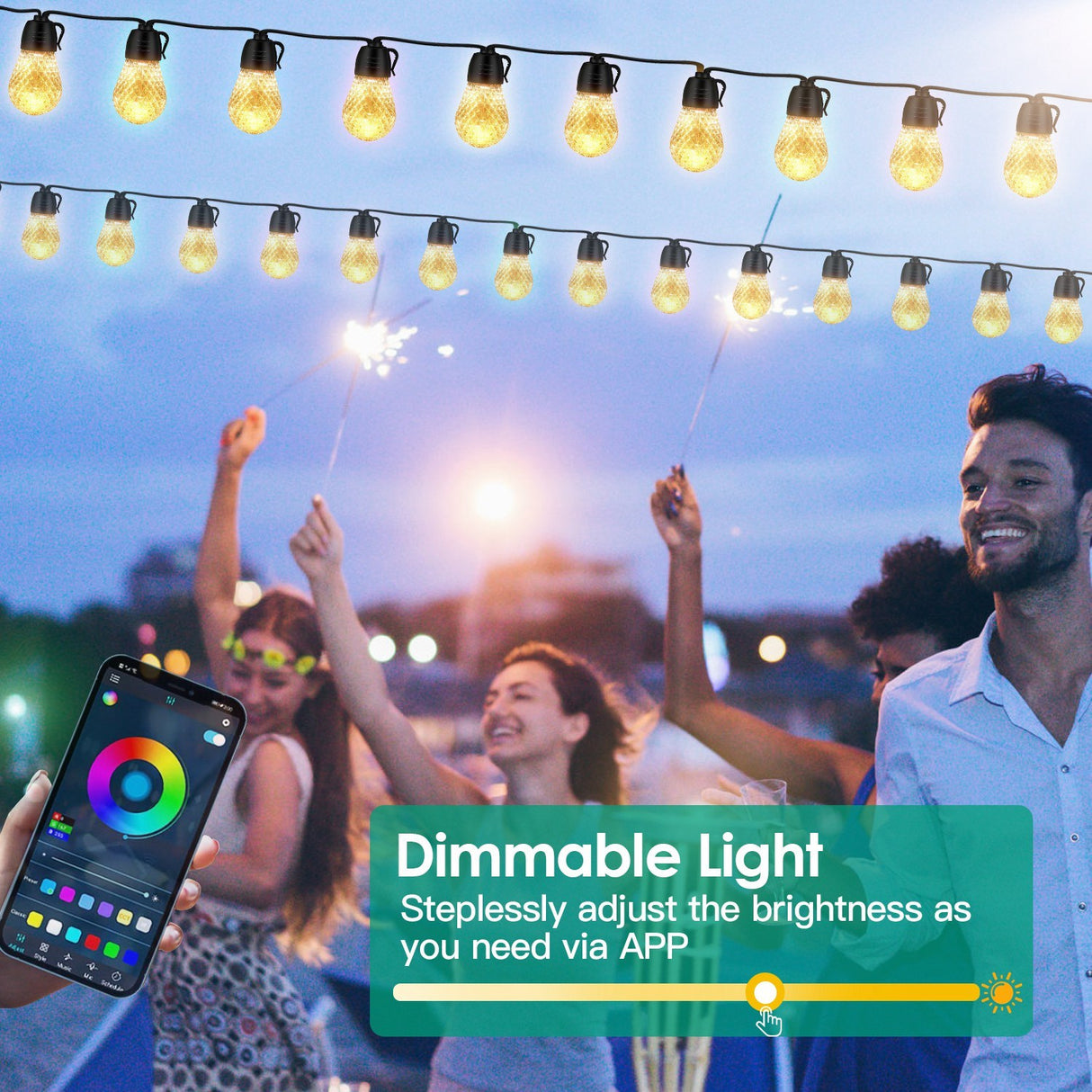 52.5FT Colorful Outdoor String Lights Smart RGB LED Patio Lights IP66 Waterproof Dimmable Hanging Light Bulbs With APP Remote Control 15 Bulbs - CJDS - FC