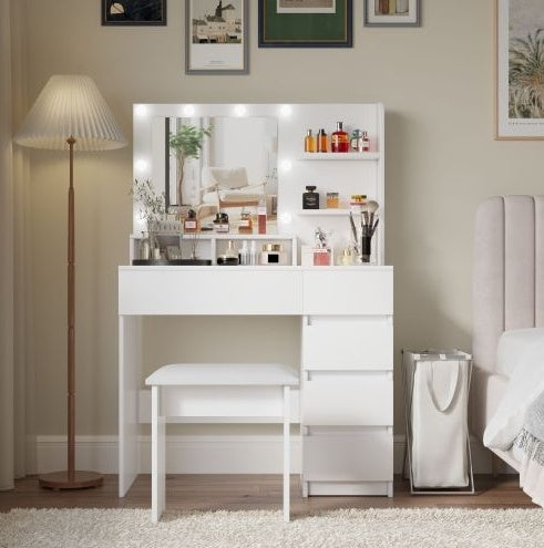 Vanity, Makeup Vanity Desk Set With Mirror Light, Dressing Table Storage Lots With Power Strip, 3 Lighting Modes With Adjustable Brightness, 37 Inches White With Stool - CJDS