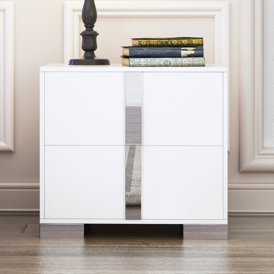 Elegant Nightstand With Metal Foot, Mirrored Bedside Table With 2 Drawers For Bedroom, Living Room, White