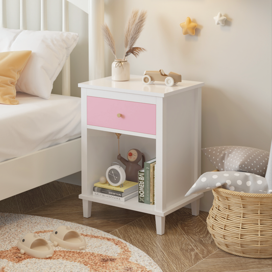 26.77''H Wooden Nightstand With One Drawer One Shelf For Kids, Adults, Pink Golden Handle