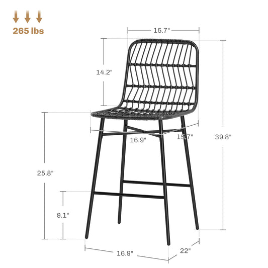 Rattan Counter Bar Stools Set Of 2, 26 Counter Height Barstools With Back, Bar Chairs For Kitchen Island, Black