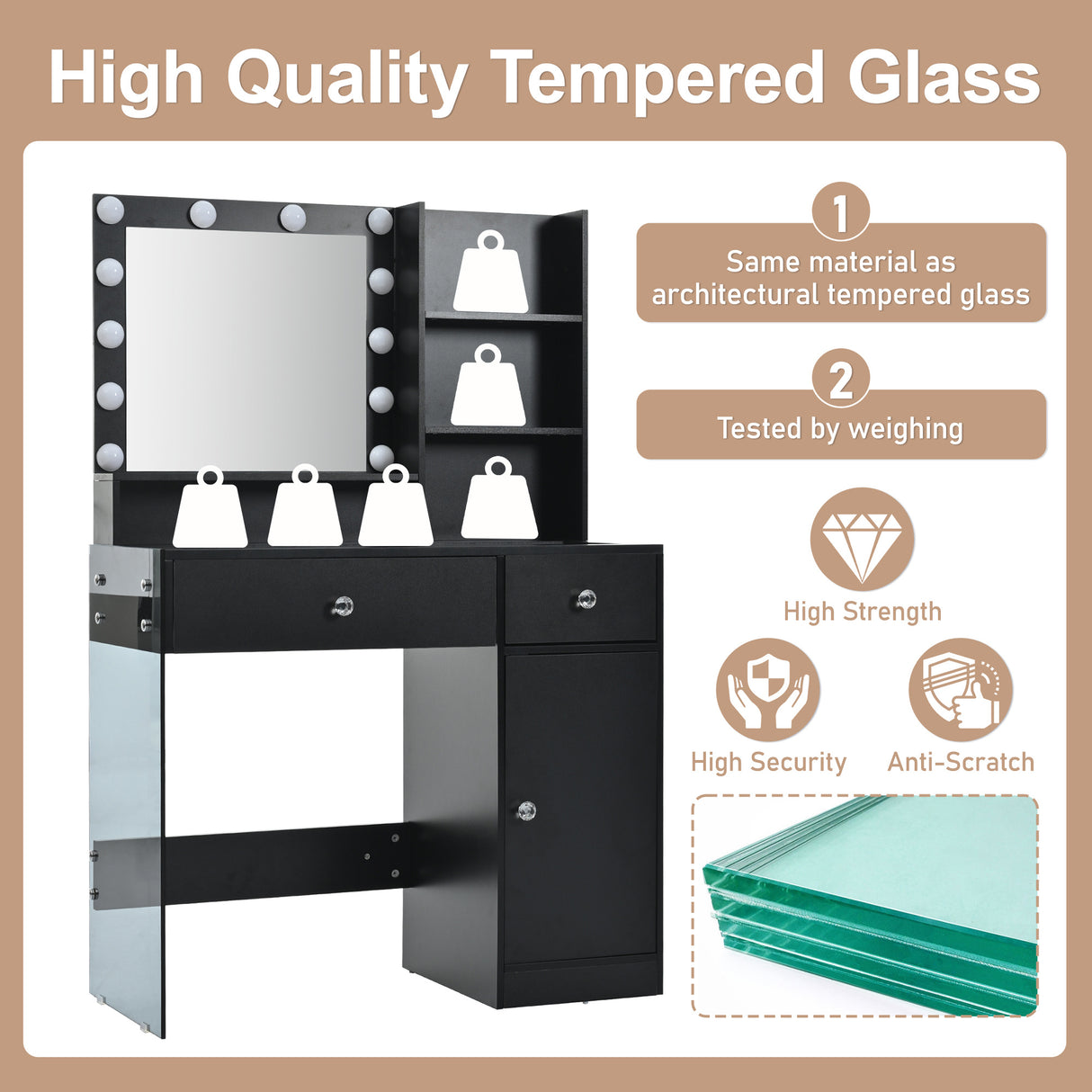 Vanity Desk With Mirror And 3 Lighting Modes, Makeup Vanity With Glass Top And Storage Shelves, Dressing Table With 2 Drawers And Cabinet - CJDS