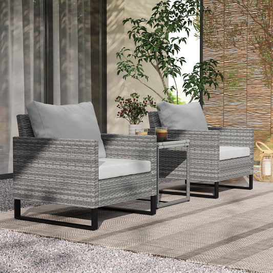 3PCS Patio Set, Wicker Bistro Set With Cushions, Rattan Chairs, Glass Coffee Table For Backyard, Porch, Balcony, Gray