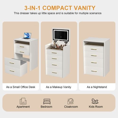 3 In 1 Vanity Desk With Open Top Mirror,Small Make Up Vanity Set With Visible Glass Desktop,Compact Makeup Vanity With 3 Drawers,Dressing Table For Bedroom - CJDS
