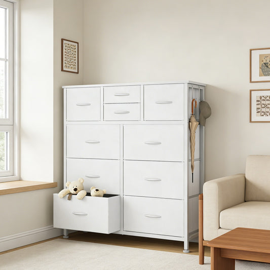 10-Drawer Dresser With Side Pocket & Hooks, Storage Cabinet With Wood Top For Bedroom Closet Organization