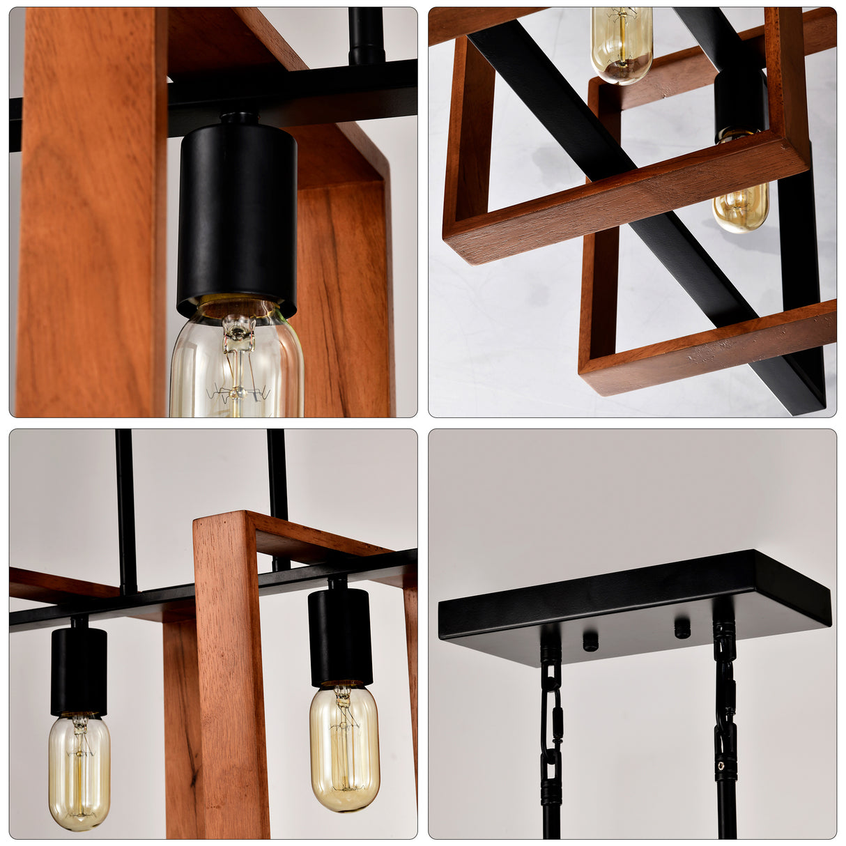 4-Light Kitchen Island Lights Pendant Light Farmhouse Dining Room Light Fixture, Rustic Wood And Black Metal Rectangular Chandelier, Hanging Lighting For Living Room,Conference Room, Home Office - CJDS