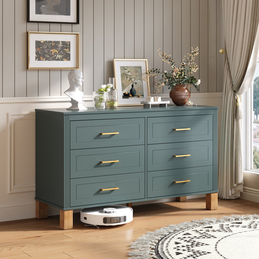 6-Drawer Double Dresser In Green, Modern Storage Cabinet With Metal Handles & Solid Wood Legs, Dresser Drawer Organizer For Kids Bedroom, Heavy-Duty Wooden Dresser With Pre-Installed