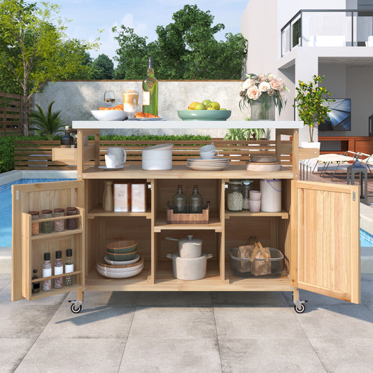 K&K Outdoor Kitchen Island, Rolling Bar Cart & Storage Cabinet, Farmhouse Solid Wood Outdoor Grill Table With Stainless Steel Top, Spice Rack , Towel Rack For Kitchen & BBQ , Natural