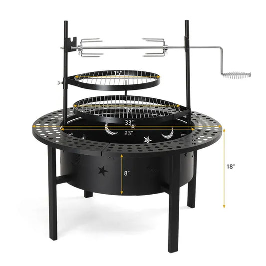 33 Inch Outdoor Fire Pit With 2 Cooking Grills, Wood Burning Firepit With Removable Swivel Grill, For Deck Bonfire Patio Picnic, Black