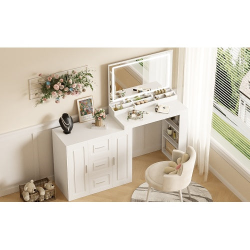 59Makeup Vanity Desk With Mirror, Vanity Mirror With Lights, Dressing Table With 3 Drawers And 2 Cabinets, Vanity Table With Storage Shelves For Bedroom, White - CJDS