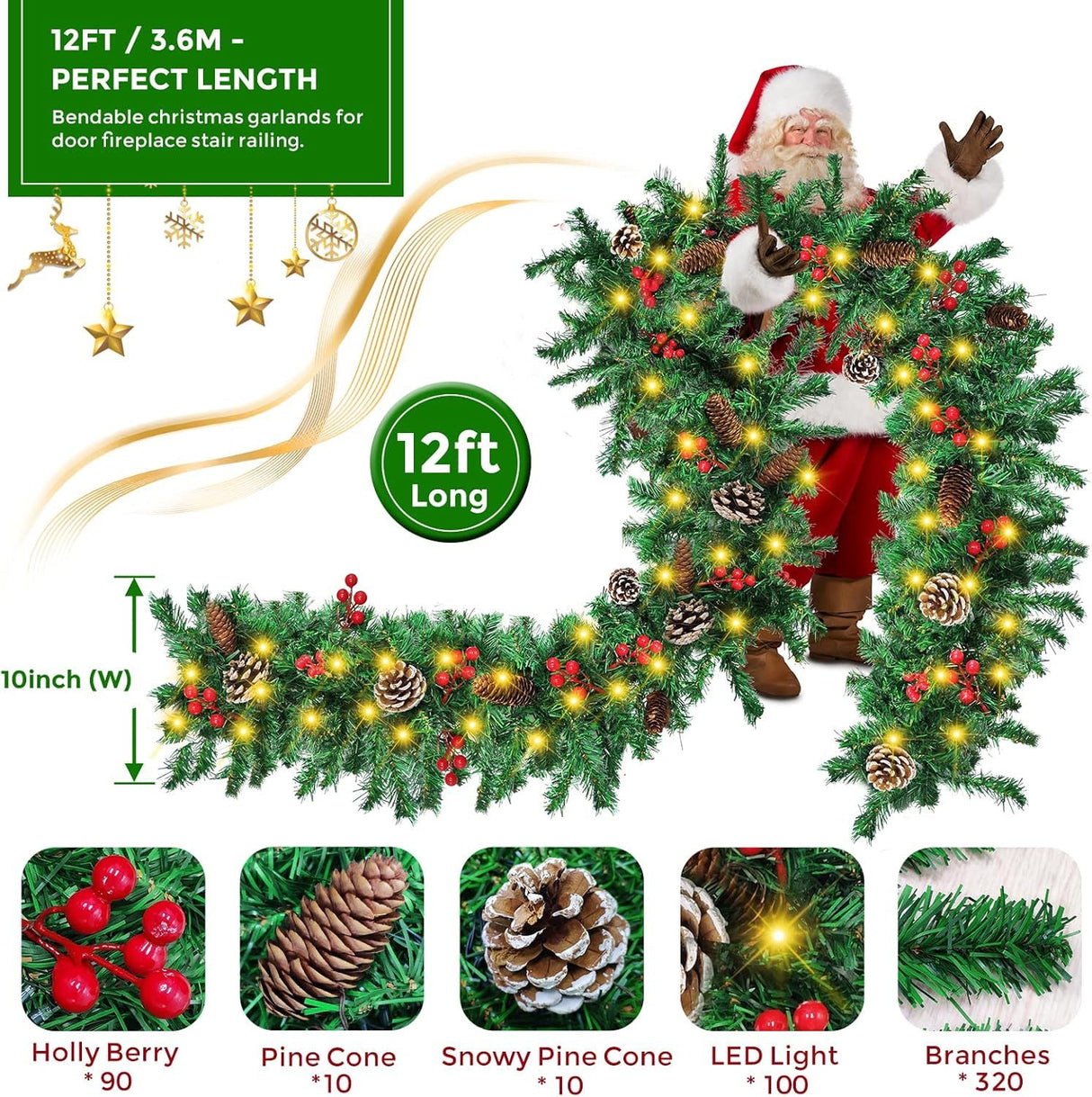 12FT Christmas Garland With Assorted Decor - Build Wreaths Or Lay Flat, Festive Must - Have - CJDS - CC