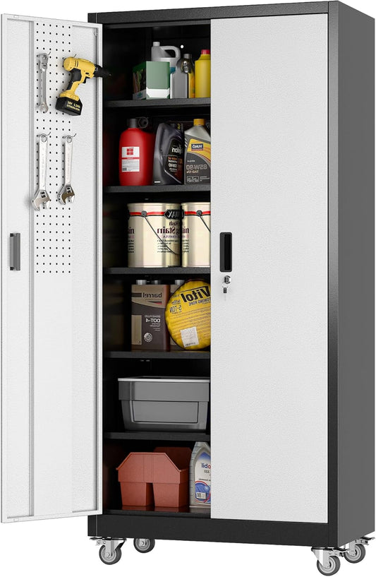 Aobabo Upgrade Metal Garage Storage Cabinet With Wheels And Pegboards, 5 Adjustable Shelves Steel Storage Cabinets For Home,Warehouse,Garage,Assembly Required,Black And Sliver