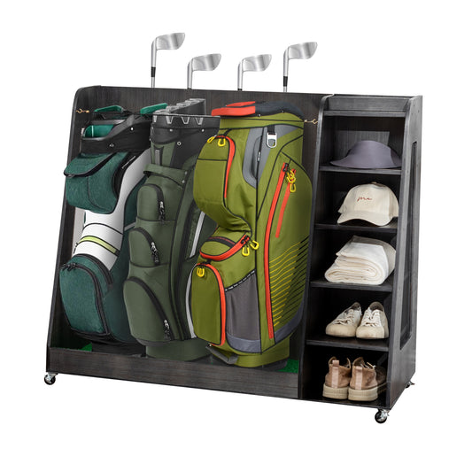 Gray Wooden Golf Bag Storage Rack With 3 Drawers, Holds 2 Stand Bags 14 Clubs, Organizer For Golf Balls, Shoes Accessories, Heavy Duty For Garage, Indoor Outdoor Use, Easy Assembly