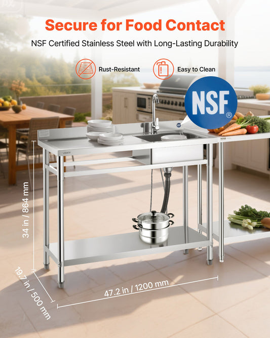 Stainless Steel Utility Sink, Free Standing Single Bowl Commercial Kitchen Sink With Faucet, Utility Left Basin Workbench With Hot & Cold Water Pipe For Garage Restaurant Laundry, 47x19.7x37 In