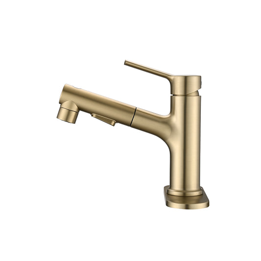 Bathroom Sink Faucet With Pull Out Sprayer, Single Handle Modern Bathroom Basin Faucet With Pop-up Sink Drain Stopper & Deck Plate,Brushed Gold