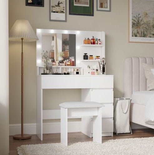 Vanity, Makeup Vanity Desk Set With Mirror Light, Dressing Table Storage Lots With Power Strip, 3 Lighting Modes With Adjustable Brightness, 37 Inches White With Stool - CJDS